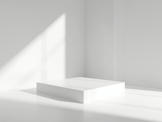 Wall Mural - Clean and modern white podium with geometric shadows in a bright space.