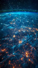Poster - Earth in Space. Blue Lines connect Dusseldorf, Germany with Cities across the World. Global Travel or Business Concept