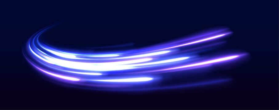 Big set of light neon lines in the form of swirl and spirals. Neon color glowing lines background, high-speed light trails effect. 
