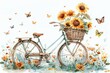 Charming watercolor illustration of a bicycle with sunflowers in its basket and butterflies nearby, set in bright pastels against a white background, reflecting elegant French outdoor scene