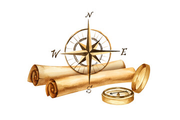 watercolor old brown paper scroll, vintage navigation metal compass, rose wing, naval equipment, captain, sailor and travelers tool isolated on white background, for adventures illustrations