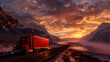 A red semi-truck driving through a mountain pass at sunset