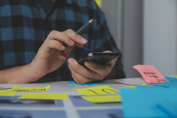 ux Graphic designer creative sketch planning application process development prototype wireframe for web mobile phone . User experience concept.