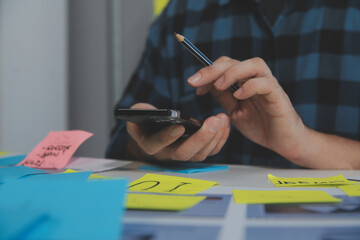 ux Graphic designer creative sketch planning application process development prototype wireframe for web mobile phone . User experience concept.