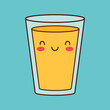 Orange juice glass. Cute smiling face. Eyes, mouth, cheeks. Fruit drink icon. Contour line hand drawn doodle. Kawaii funny food character. Childish style. Flat design. Blue background. Vector