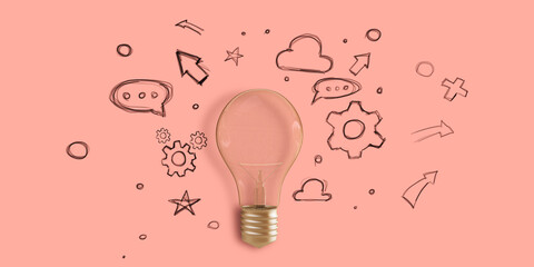 Aufkleber - Creative light bulb sketch with icons on pink background. Idea, innovation and creativity concept. 3D Rendering.