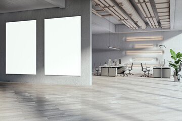 Poster - Contemporary coworking office interior with empty white mock up posters on wall, window and sunlight. 3D Rendering.