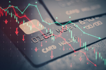 Poster - Close up of bank cards on desk with falling red forex chart and map. Trade, investment and crisis concept. Double exposure.