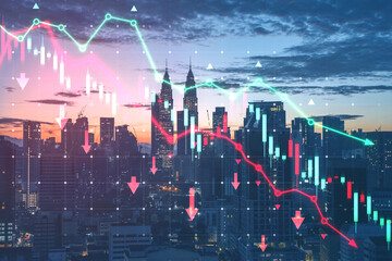 Poster - Abstract falling red forex chart and map on blurry night wallpaper. Trade and crisis concept. Double exposure.