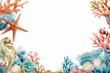 Wall Mural - Watercolor painting coral reef ocean theme frame border.