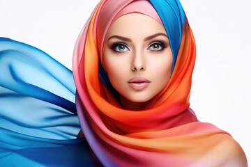 Wall Mural - Portrait of beautiful caucasian happy smiling woman wearing colorful hijab over white png background. Waving head scarf, femininity, concept of goods for muslim islamic women. Copy space for design.