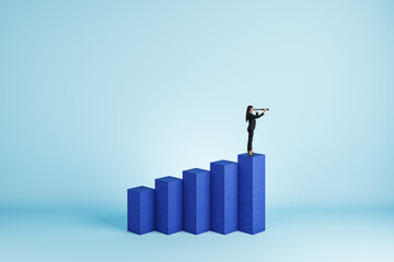 Wall Mural - Young businesswoman with telescope standing on growing blue business chart and looking into the distance on light background with mock up place. Financial growth, forecast and success concept.