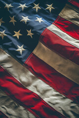 close-up of dirty american flag, red, blue and white