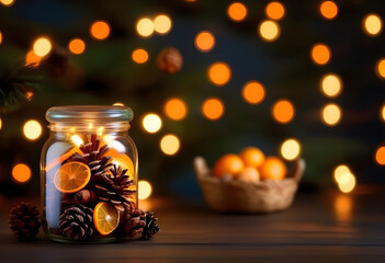 Wall Mural - A glass jar filled with pine cones and dried orange slices, with warm fairy lights inside, against a dark background