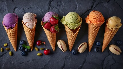 Poster - Various of ice cream flavor in cones blueberry strawberry pistachio almond orange and cherry setup on dark stone background  Summer and Sweet menu concept : Generative AI