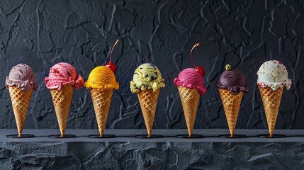 Poster - Various of ice cream flavor in cones blueberry strawberry pistachio almond orange and cherry setup on dark stone background  Summer and Sweet menu concept : Generative AI