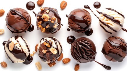 Poster - various ice cream balls with chocolate sauce and nuts isolated on white background top view : Generative AI