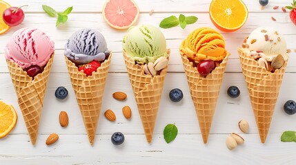 Poster - Various of ice cream flavor in cones blueberry strawberry pistachio almond orange and cherry setup on white wooden background  Summer and Sweet menu concept : Generative AI