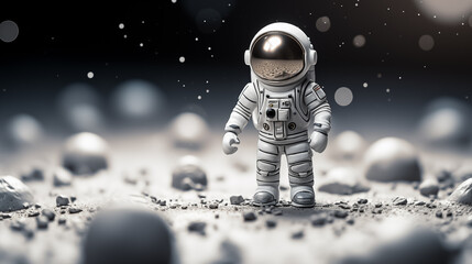 Wall Mural - Astronaut figurine stands on lunar surface closeup image. Space toy close up photography marketing. Space exploration concept photo realistic. Collectible figure picture photorealistic