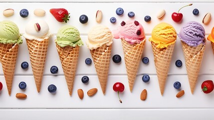 Poster - Various of ice cream flavor in cones blueberry strawberry pistachio almond orange and cherry setup on white wooden background  Summer and Sweet menu concept : Generative AI
