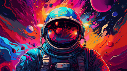 Wall Mural - Astronaut helmet reflects burst of vivid cosmos ai generated 2D cartoon illustration