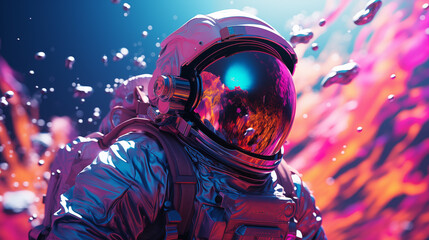 Aufkleber - Astronaut visor captures burst of vivid colors 3d rendering image. Mesmerizing cosmic event wallpaper art colorful realistic. Cosmonaut helmet abstract concept idea, conceptual photo
