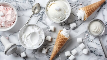 Poster - Ice cream ingredients view from above on a marble background Ice cream in a bowl ice cream cones spoon marshmallows cupcake papers Top view : Generative AI