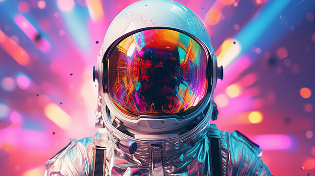 Astronaut helmet reflects psychedelic burst of colors 3d rendering image. Cosmonaut against vibrant cosmic wallpaper art colorful realistic. Abstract space concept idea, conceptual photo