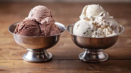 Aufkleber - Ice cream in two retro metal bowls on a wooden table : Generative AI
