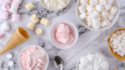 Poster - Ice cream ingredients view from above on a marble background Ice cream in a bowl ice cream cones spoon marshmallows cupcake papers Top view : Generative AI