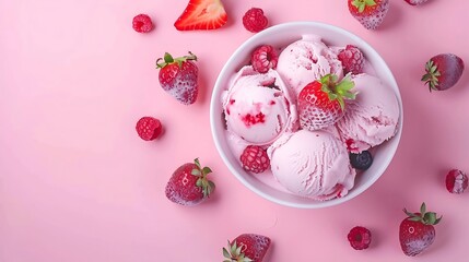 Poster - Bowl of pink strawberry ice cream and fresh berries isolated on pink background Top view : Generative AI