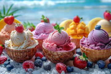 A vibrant display of ice cream and sorbets served in hollowed-out fruits, with a tropical beach background.. AI generated.