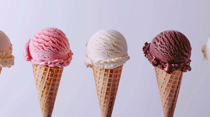 Aufkleber - Variety of ice cream scoops in cones with chocolate vanilla and strawberry : Generative AI