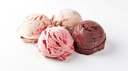 Poster - Strawberry vanilla chocolate different flavor ice cream scoops side view on white background : Generative AI