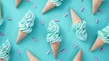 Poster - Ice cream cones pattern Turquoise background Sweet summer and empty concept Top view Flat lay : Generative AI