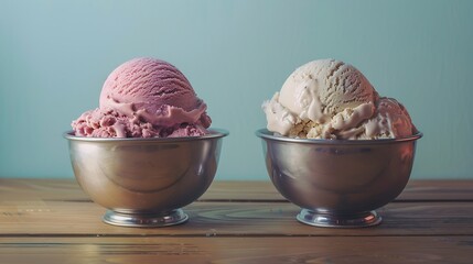 Aufkleber - Ice cream in two retro metal bowls on a wooden table : Generative AI