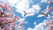 Pink cherry blossoms and white doves flying against a clear blue sky.AI generated image