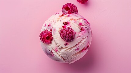 Poster - vanilla and raspberry ice cream ball isolated on pink background top view : Generative AI