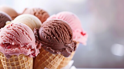 Aufkleber - Variety of ice cream scoops in cones with chocolate vanilla and strawberry : Generative AI