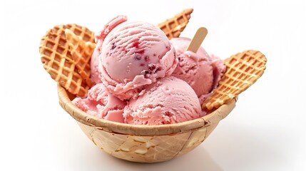 Poster - Ice cream scoops  ice cream in bowl  strawberry ice cream with wafer stick in waffle bowl isolated on white background : Generative AI