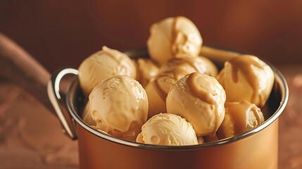 Poster - Ice cream balls in a cooper saucepan with caramel on brown backgroundClose up of sweet desert in freeze motion : Generative AI