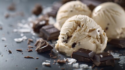 Poster - Scoops of ice cream with pieces of coffee cream dark chocolate and truffle : Generative AI