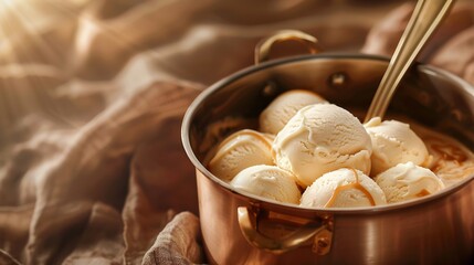 Poster - Ice cream balls in a cooper saucepan with caramel on brown backgroundClose up of sweet desert in freeze motion : Generative AI