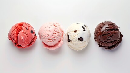 Poster - Strawberry vanilla chocolate different flavor ice cream scoops side view on white background : Generative AI