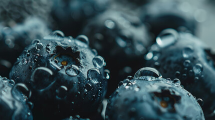 Wall Mural - Close-up of succulent blueberries with delicate water droplets, offering a fresh texture.