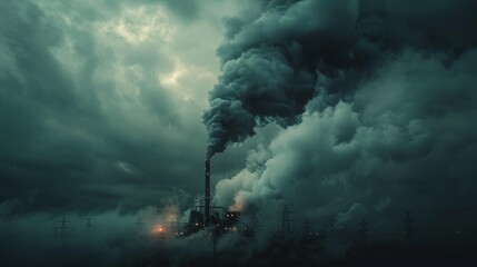 Wall Mural - A factory smokestack spewing out dark clouds, representing the environmental impact of industry.