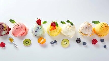 Poster - Ice cream scoop ball with fruits toppings on white background cutout Many assorted different flavour Mockup template for artwork design : Generative AI