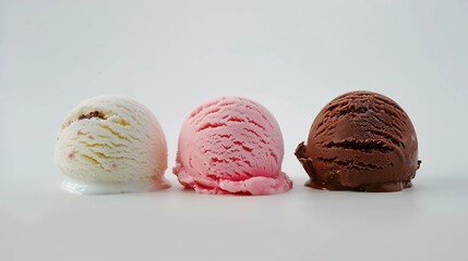 Poster - Strawberry vanilla chocolate different flavor ice cream scoops side view on white background : Generative AI