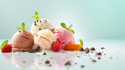 Aufkleber - Scoops of ice cream with pieces of hazelnut mint and chocolate orange and strawberry : Generative AI