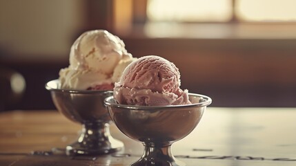 Aufkleber - Ice cream in two retro metal bowls on a wooden table : Generative AI